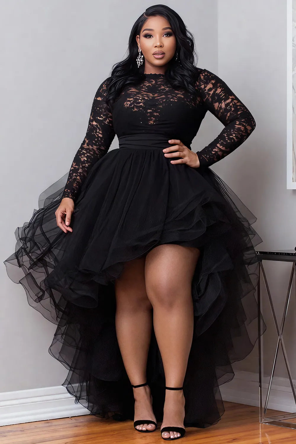 Xpluswear Design Plus Size Cocktail Party Black Round Neck Long Sleeve High Low Hem Elegant Ruffle Tulle Lace Mini Dresses