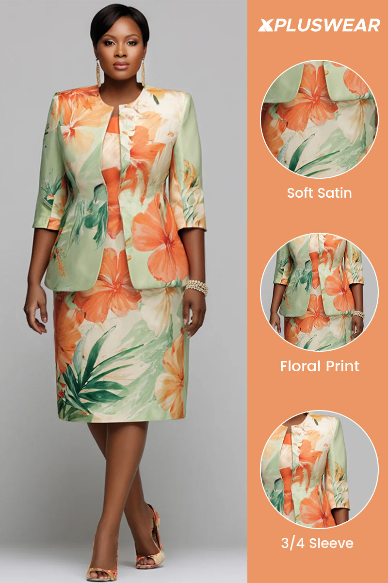 Xpluswear Design Plus Size Churchs Multicolor Floral Round Neck 3/4 Sleeve Split Satin Two Piece Dress Set