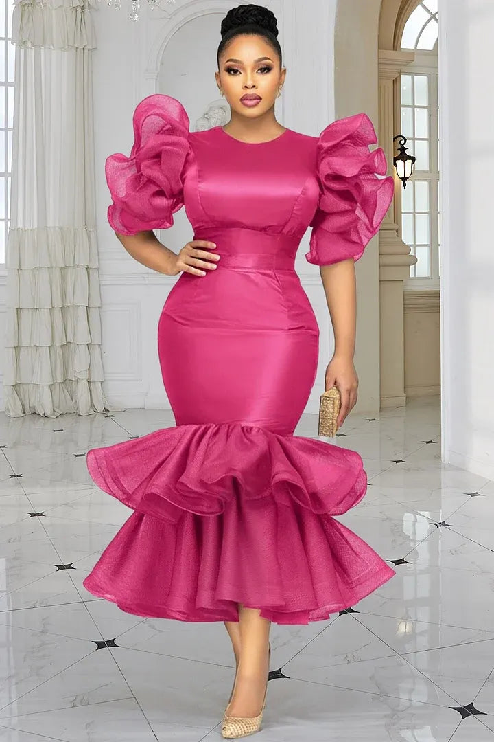 Xpluswear Design Plus Size Wedding Guest Tulle Hot Pink Round Neck Short Sleeve Ruffle Tiered Satin Midi Dresses