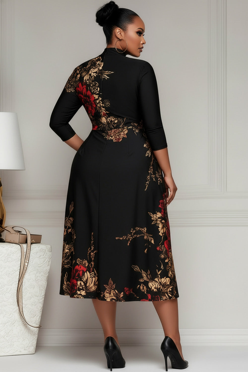 Xpluswear Design Plus Size Business Casual Black Floral Round Neck Long Sleeve Pocket Elegant Midi Dresses