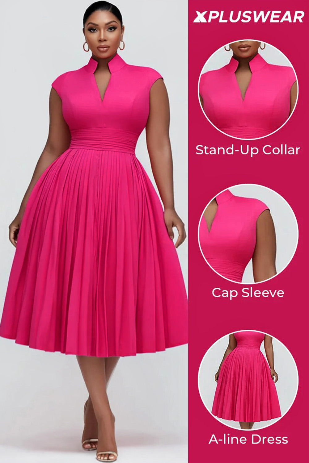 Xpluswear Design Plus Size Cocktail Party Hot Pink Stand-Up Collar Cap Sleeve Pocket Fold Midi Dresses