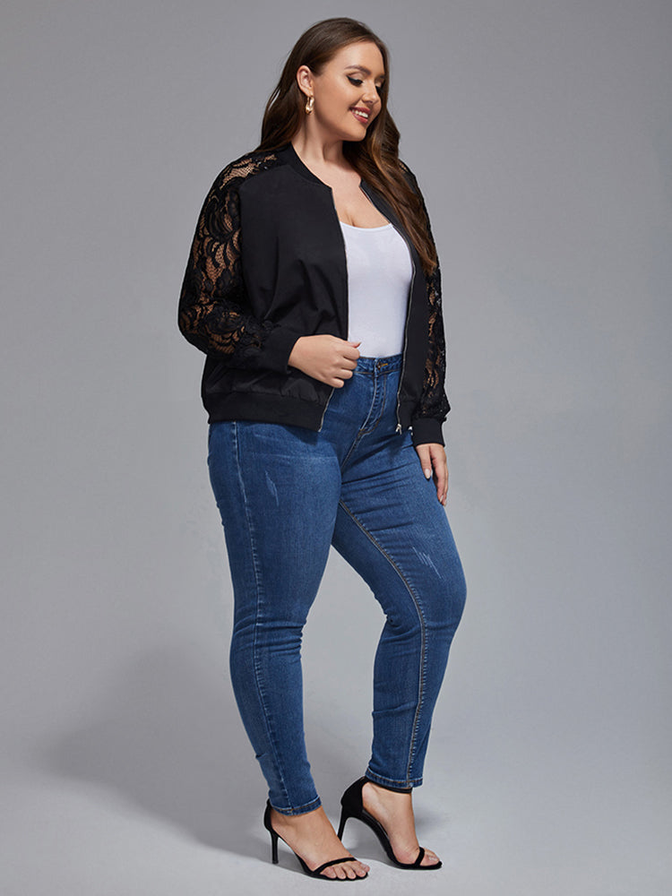 Plus Black Lace Zipper Front Raglan Sleeve Jacket