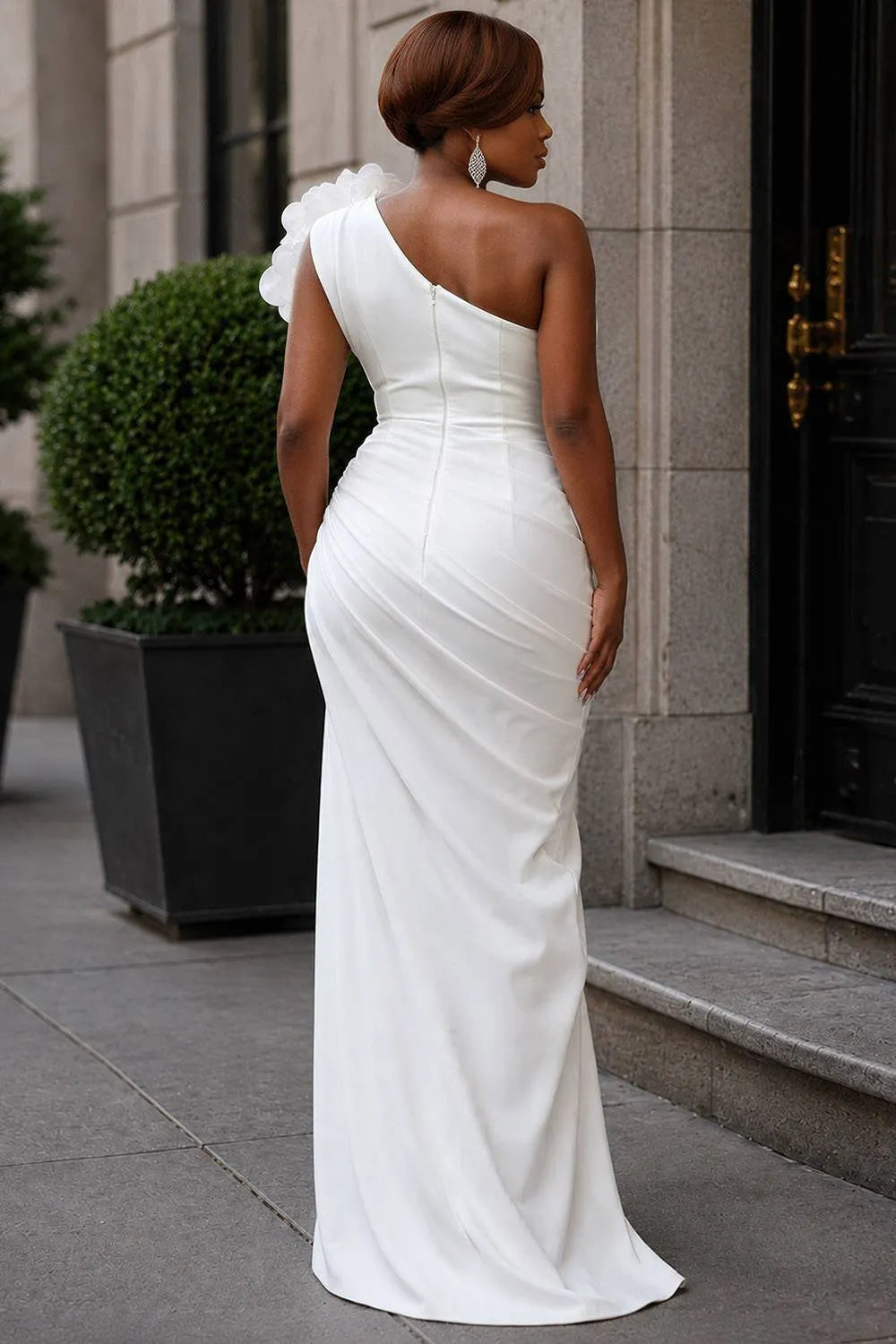 Xpluswear Design Plus Size Wedding White Elegant One Shoulder Strappy 3D Maxi Dresses
