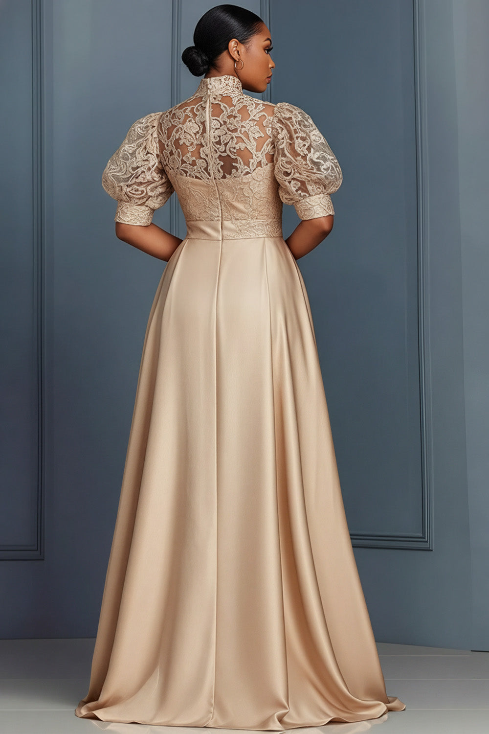 Xpluswear Design Plus Size Formal Satin Champagne Stand-Up Collar Puff Sleeve Short Sleeve Pocket With Skirt Overlay Lace Jumpsuits