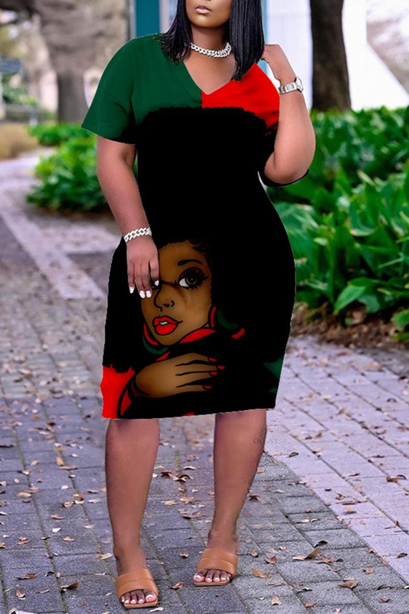 Xpluswear Plus Size V Neck African Short Sleeve Cute Black Girl Print With Pockets Midi Dress-Red