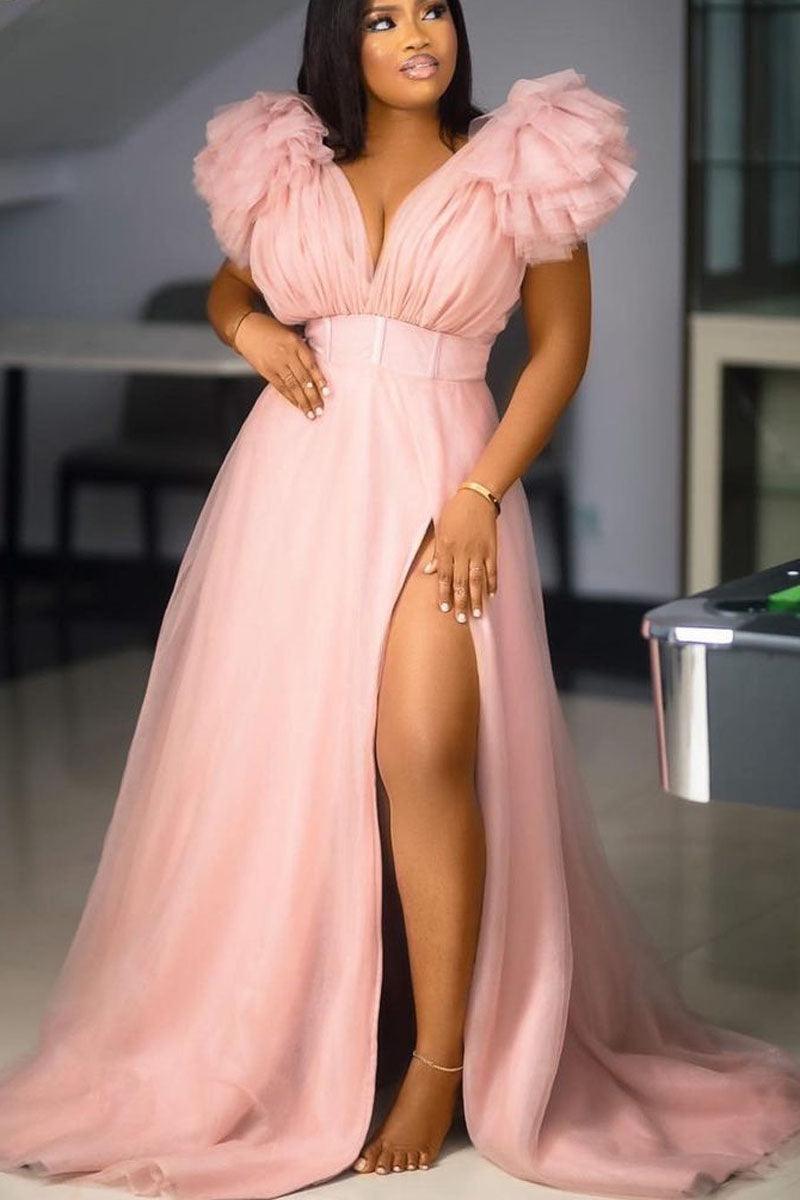 Xpluswear Plus Size Formal Pink Split Joint V Neck Tulle Ruffle Trailing Maxi Dress