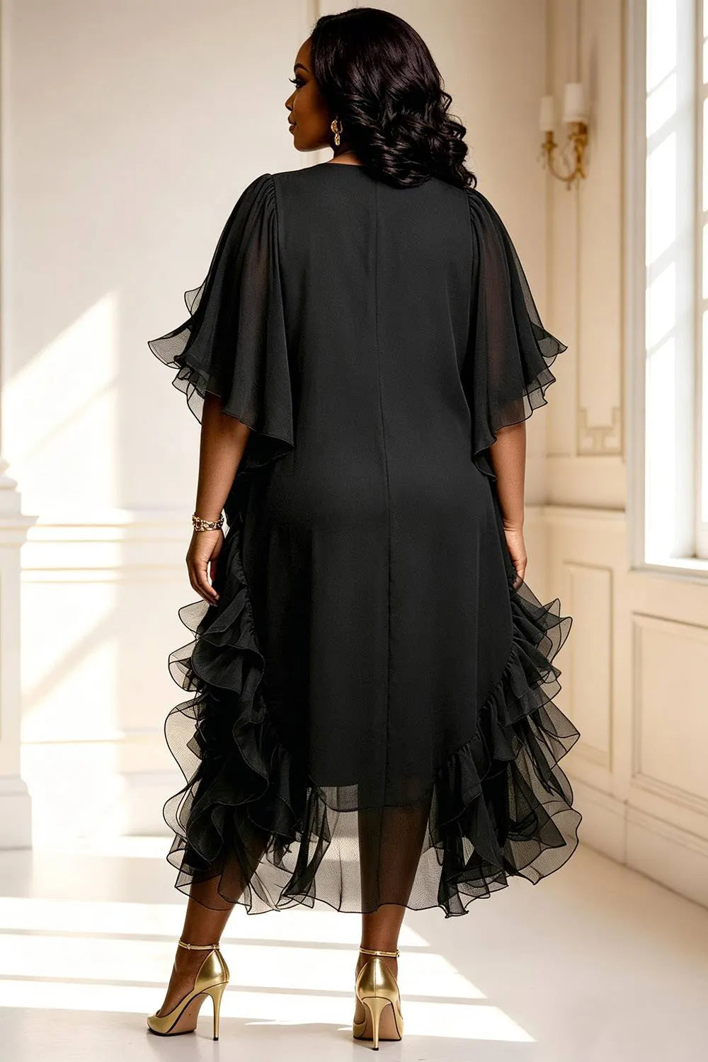 Xpluswear Design Plus Size Cocktail Party Black V Neck Short Sleeve Ruffle Tiered Chiffon Midi Dresses