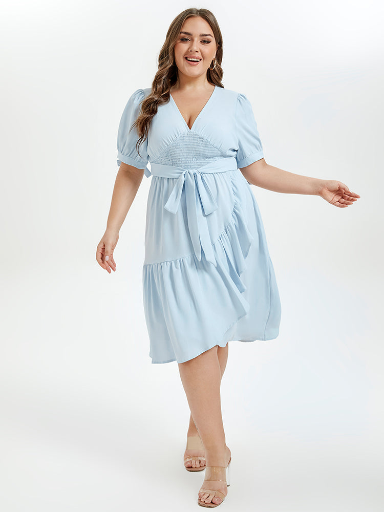 VIP V-Neck Puff Sleeve Ruffle Trim Tie Front Midi Dress
