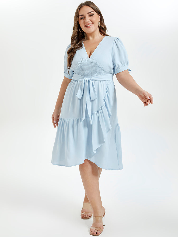 VIP V-Neck Puff Sleeve Ruffle Trim Tie Front Midi Dress