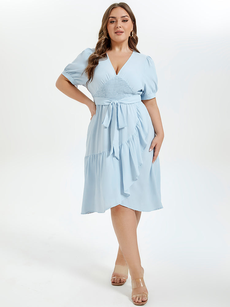 VIP V-Neck Puff Sleeve Ruffle Trim Tie Front Midi Dress