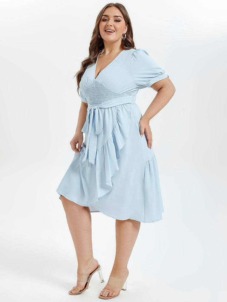 VIP V-Neck Puff Sleeve Ruffle Trim Tie Front Midi Dress