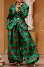 Plus Size Christmas Green Plaid Turndown Collar Long Sleeve Pocket Elegant Jogging Two Piece Pant Sets