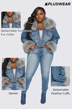 Xpluswear Design Plus Size Daily Blue Turndown Collar Long Sleeve Feather Elegant Contrast Denim Jacket