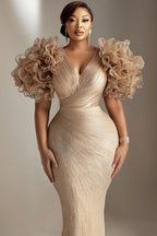 Xpluswear Design Plus Size Mother Of The Bride Champagne V Neck Bodycon 3D Tulle Maxi Dresses
