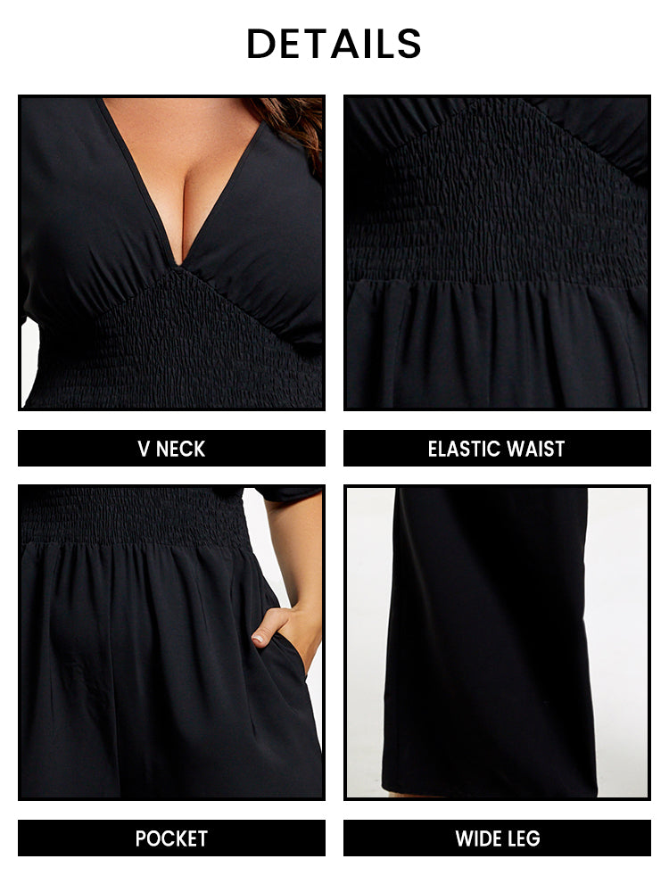 VIP Plus V Neck Dolman Sleeve Pocket Shirred Wide Leg Jumpsuit