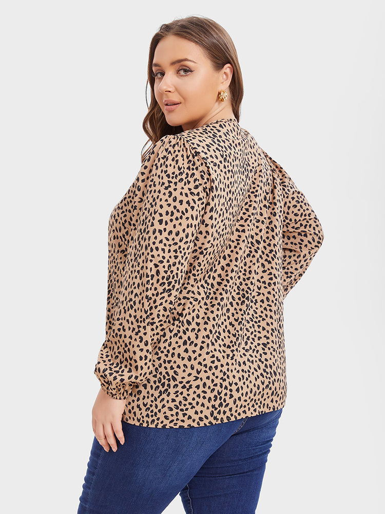Leopard Print V-Neck Lantern Sleeve Blouse