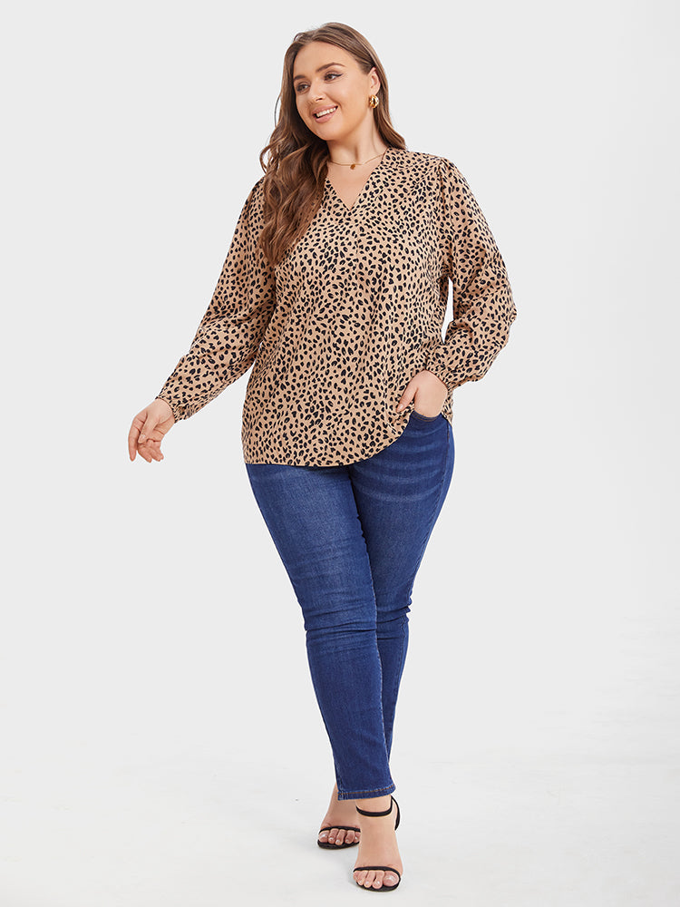Leopard Print V-Neck Lantern Sleeve Blouse