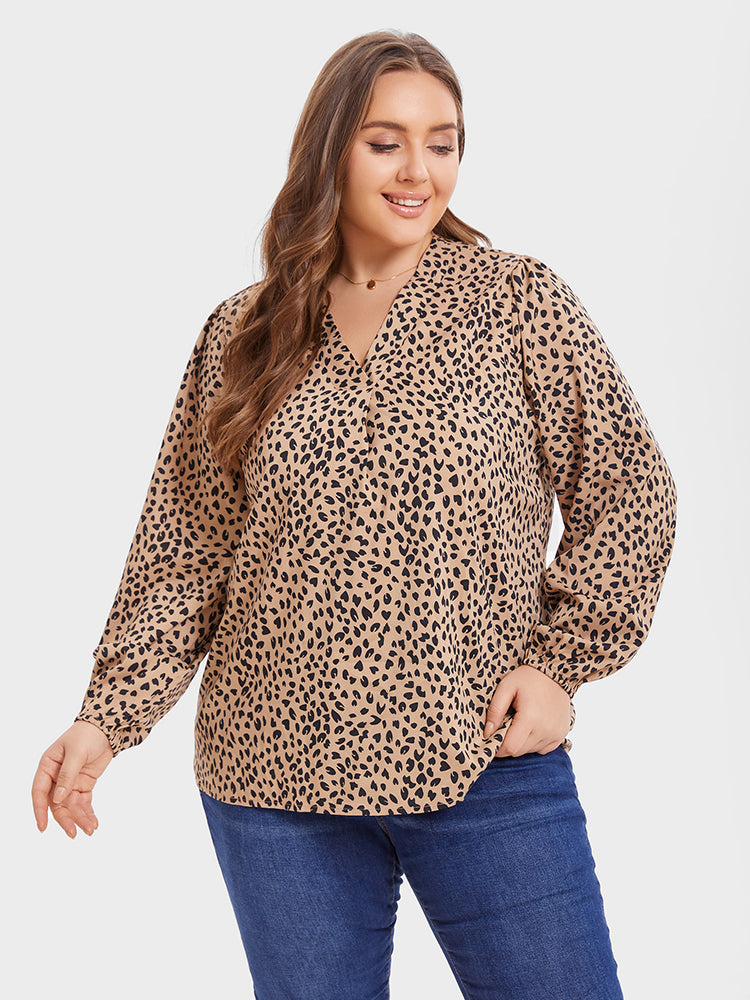 Leopard Print V-Neck Lantern Sleeve Blouse