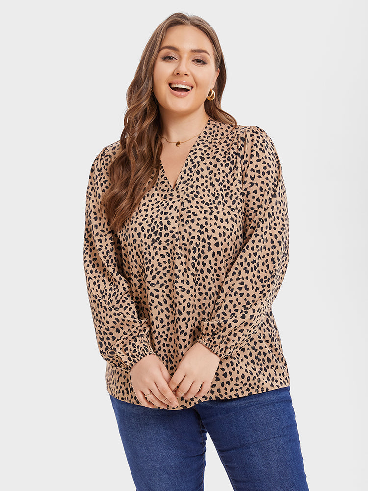 Leopard Print V-Neck Lantern Sleeve Blouse