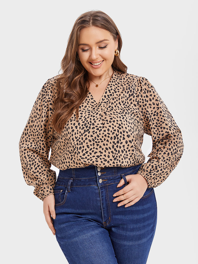 Leopard Print V-Neck Lantern Sleeve Blouse