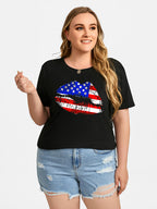 Plus Black Color Lip Print Round Neck Graphic Tee