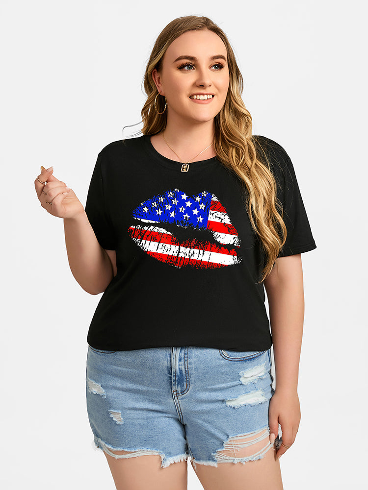 Plus Black Color Lip Print Round Neck Graphic Tee