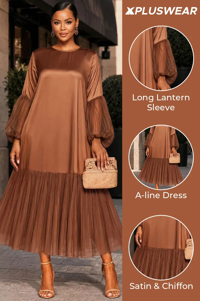 Xpluswear Design Plus Size Business Casual Chiffon Brown Round Neck Lantern Sleeve Long Sleeve Pleated Contrast Satin Maxi Dresses