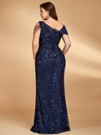 Curveins Plus Size One Shoulder Sleeveless Beaded Ribbon Elegant Maxi Dress