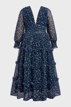 Curveins Plus Size V Neck Long Sleeve Floral Tiered Maxi Dress