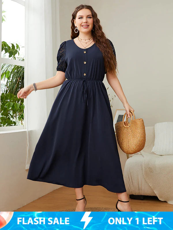 Plus Lace Patchwork Round Neck Button Front Elastic Waist Wrap Maxi Dress