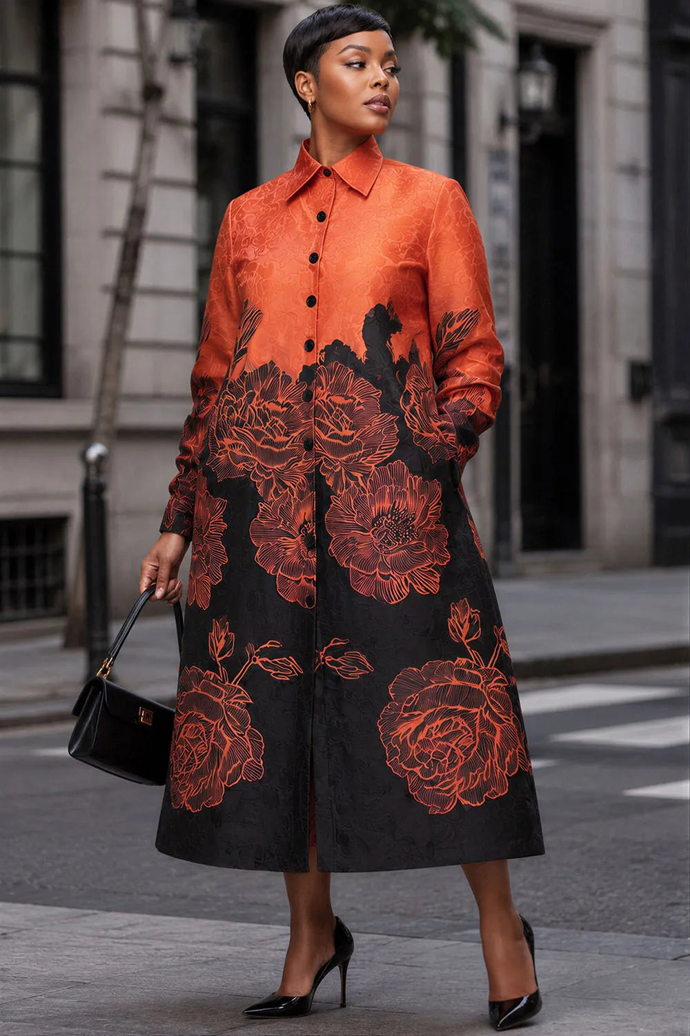 Xpluswear Design Plus Size Business Casual Multicolor All Over Print Shirt Collar Long Sleeve Pocket Button Satin Shirt Dresses [Pre-Order]