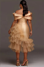 Xpluswear Design Plus Size Wedding Guest Tulle Champagne Off The Shoulder Ruffle Elegant Contrast Satin Midi Dresses