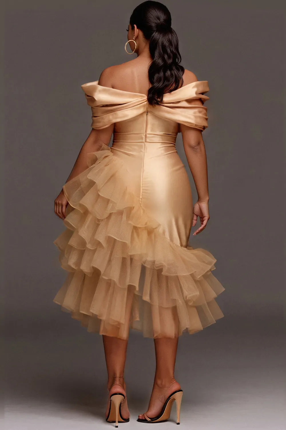 Xpluswear Design Plus Size Wedding Guest Tulle Champagne Off The Shoulder Ruffle Elegant Contrast Satin Midi Dresses