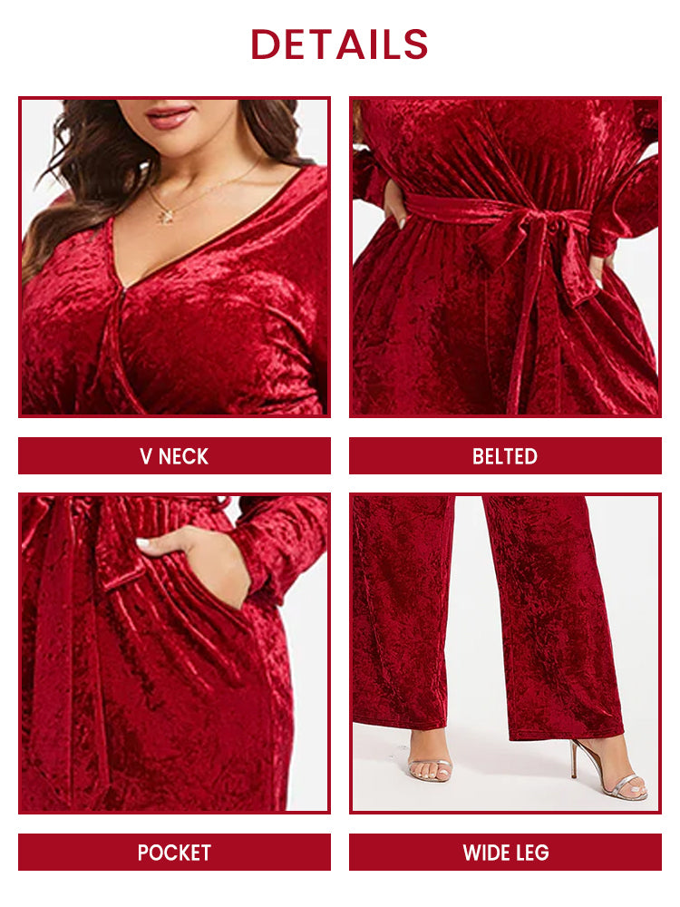 VIP Belted Pocket Wide Leg Velvet Jumpsuit