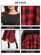 Plaid Print Lace Up Front Asymmetrical Hem Midi Dress