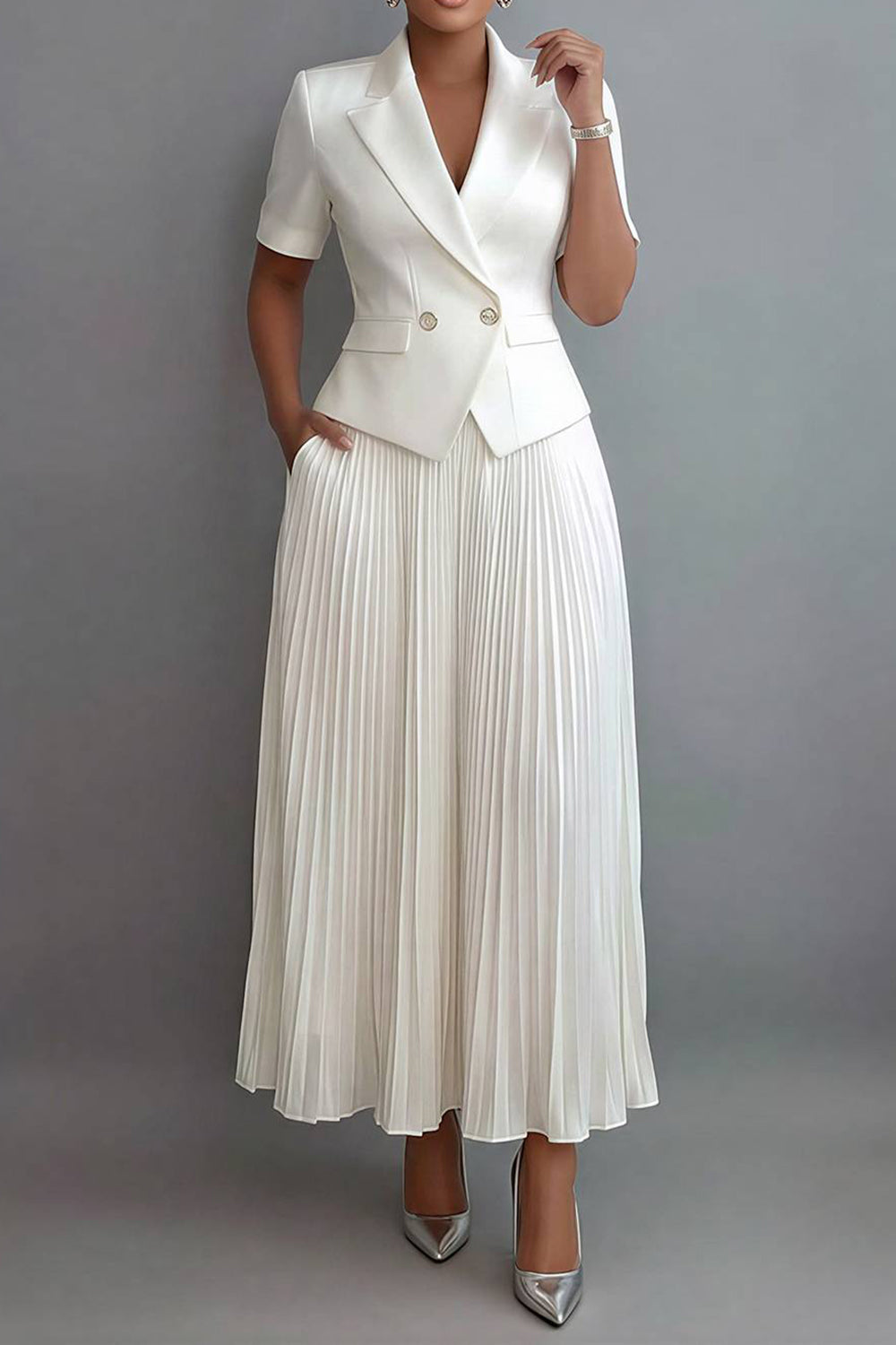Xpluswear Design Plus Size Formal Chiffon White Turndown Collar Short Sleeve Pleated Pocket Satin Two Piece Skirt Sets