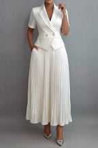 Xpluswear Design Plus Size Formal Chiffon White Turndown Collar Short Sleeve Pleated Pocket Satin Two Piece Skirt Sets