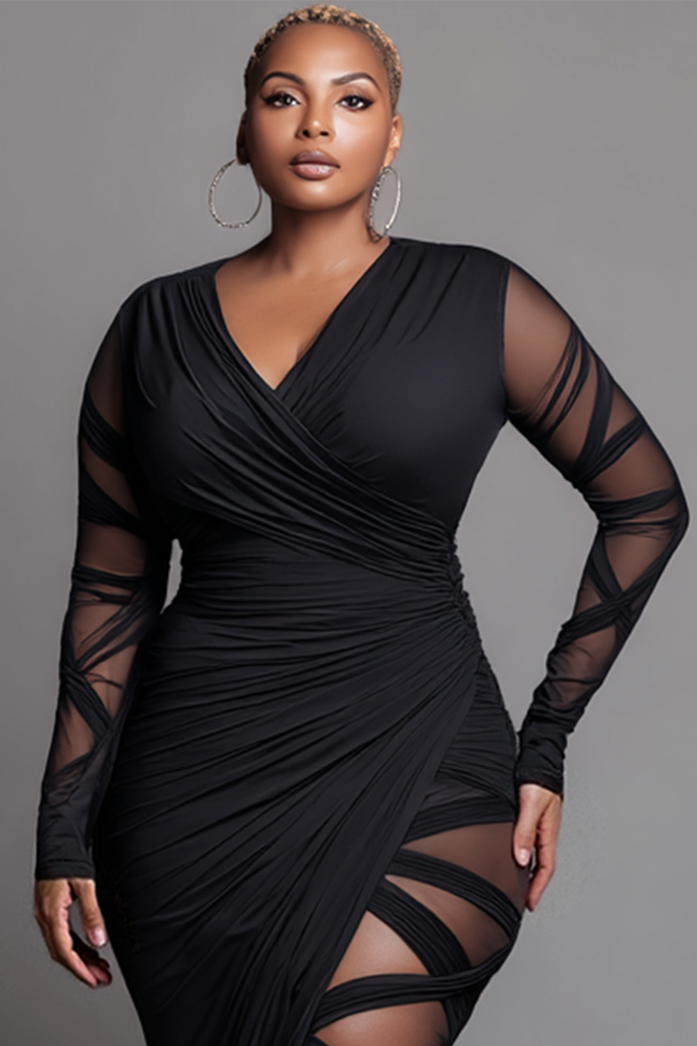 Xpluswear Design Plus Size Party Black Wrap Neck Long Sleeve Bodycon See Through Midi Dresses