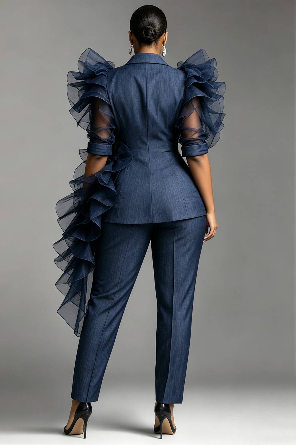 Xpluswear Design Plus Size Cocktail Party Elegant Blue Turndown Collar Short Sleeve 3D Pocket Two Piece Pant Suits