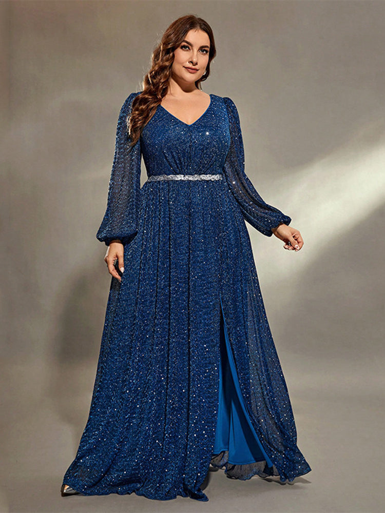 V-Neck Ruched Split Sequin Dress