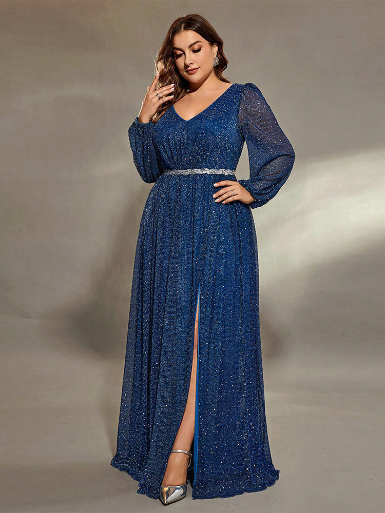 V-Neck Ruched Split Sequin Dress