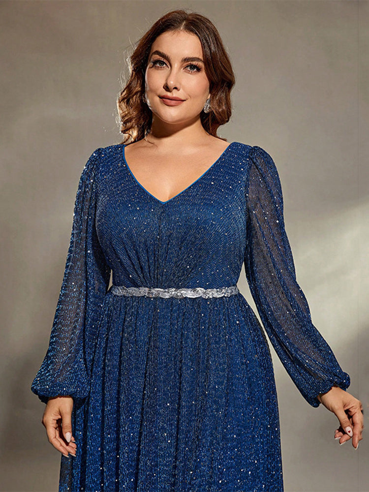 V-Neck Ruched Split Sequin Dress