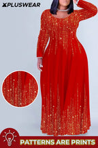 Xpluswear Design Plus Size Christmas Red Gradient Round Neck Long Sleeve Maxi Dresses