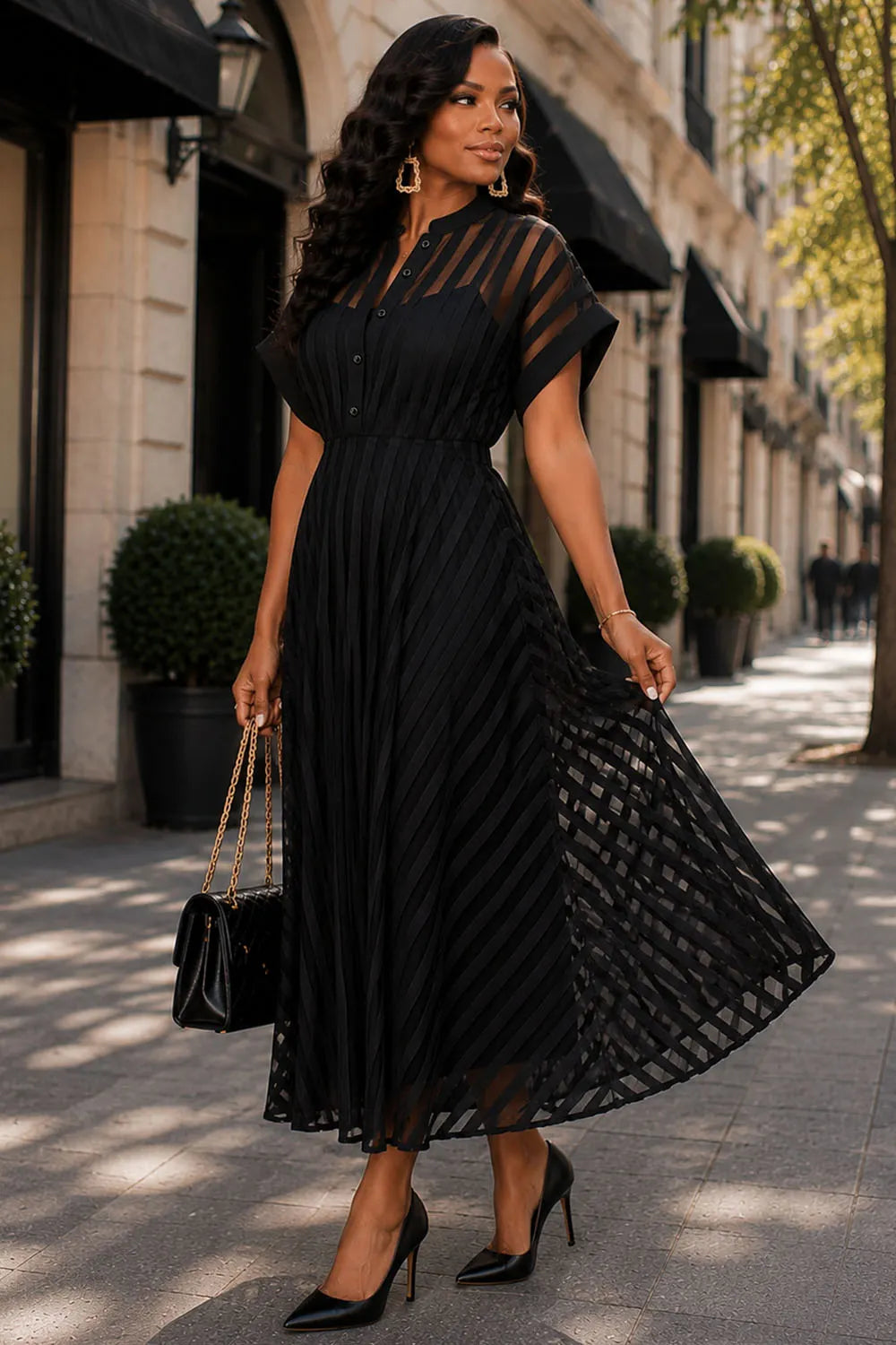 Xpluswear Design Plus Size Business Casual Black Shirt Collar Short Sleeve See Through Button Midi Dresses