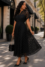 Xpluswear Design Plus Size Business Casual Black Shirt Collar Short Sleeve See Through Button Midi Dresses