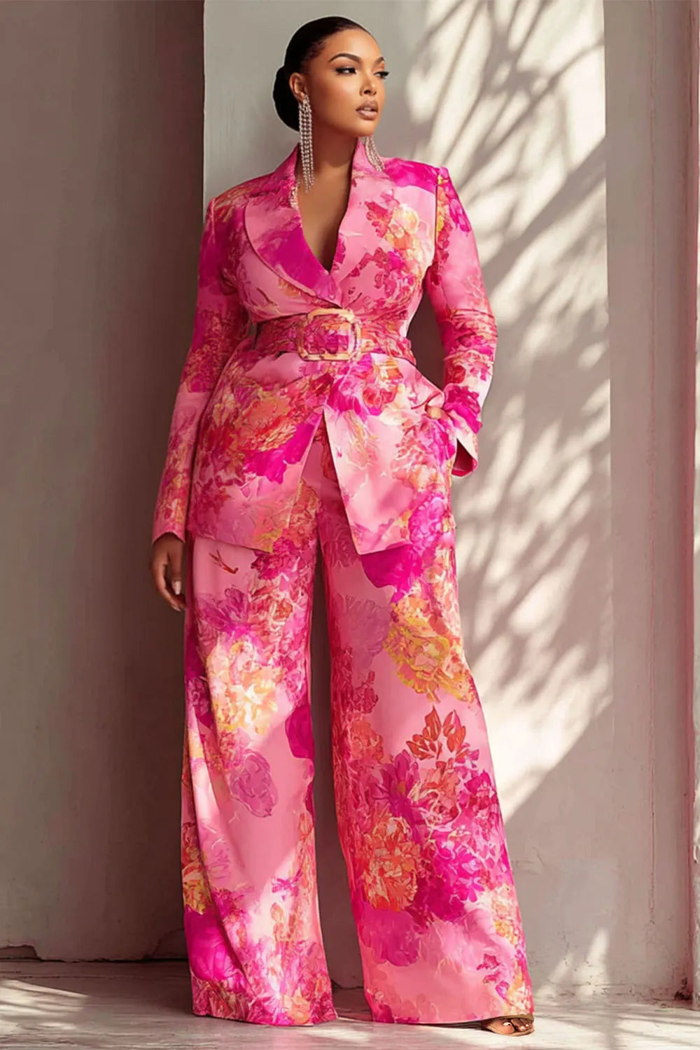 Xpluswear Design Plus Size Formal Hot Pink Turndown Collar Long Sleeve Pocket Satin Two Piece Pant Suits