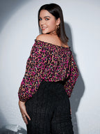 Plus Off Shoulder Frill Trim Leopard Blouse