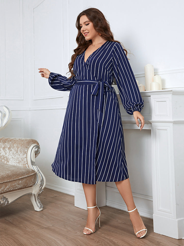 Plus Blue Striped Crisscross Wrap Midi Dress