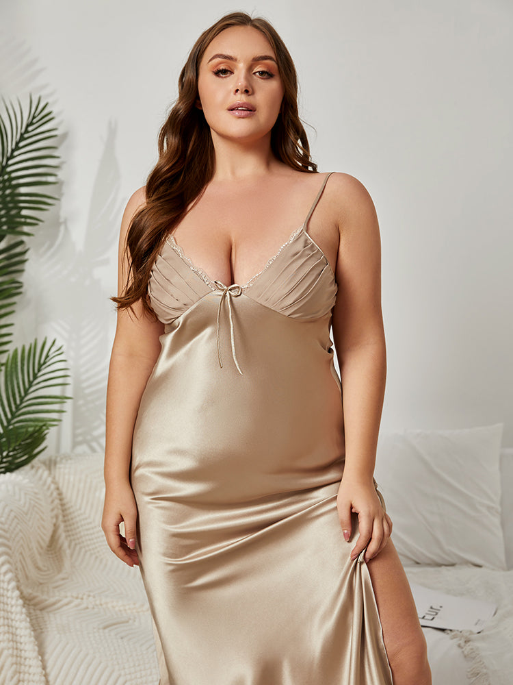 Plus Beige Lace Spaghetti Strap Split Pajama