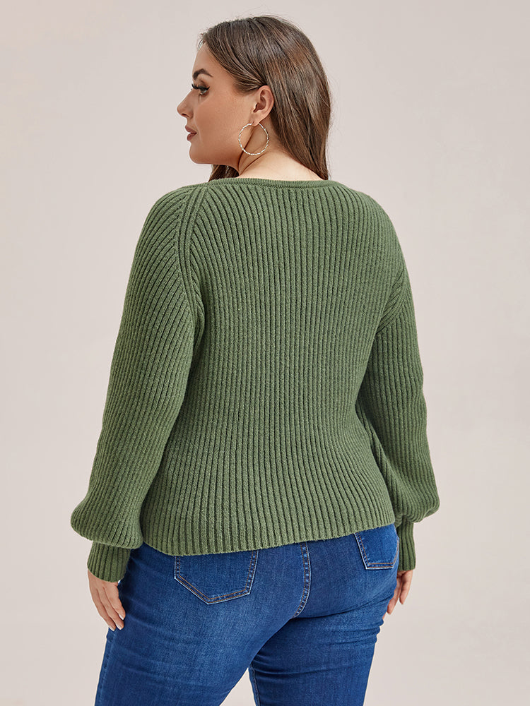 VIP Solid V-Neck Lantern Sleeves Knit Sweater